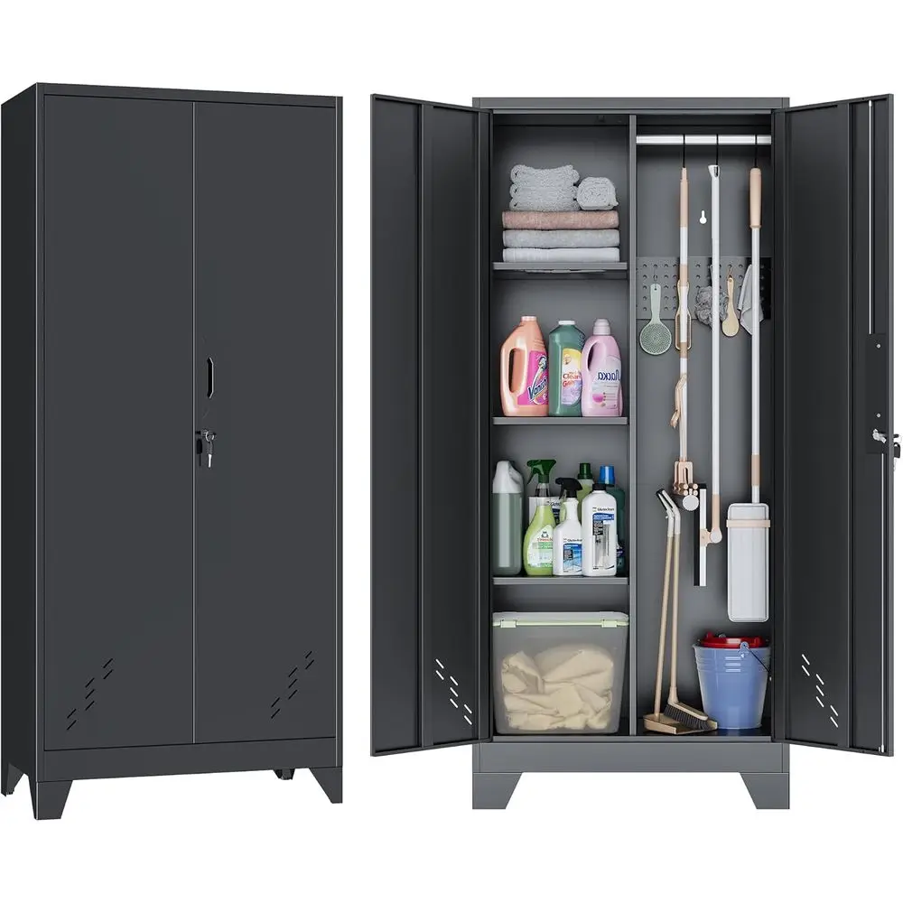 

61 Metal Storage Cabinet with Lock, Pegboard, Hanging Rod - Ideal for Garage, Cleaning Supplies, Home Kitchen, Laundry, and Offi