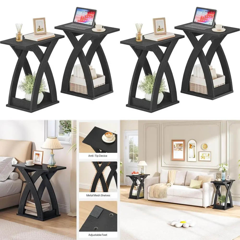 

Set of 2 X-Design Slim Side Tables with Storage Shelf, Ideal for Small Spaces, Living Room, Bedroom, Black