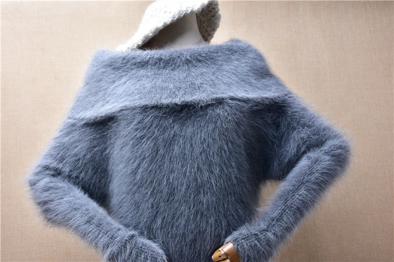 Female Women Fall Winter Clothing Grey Hairy Mink Cashmere Knitted Big Turn-Down Neck Long Sweater Dress Angora Fur Jumper Pull