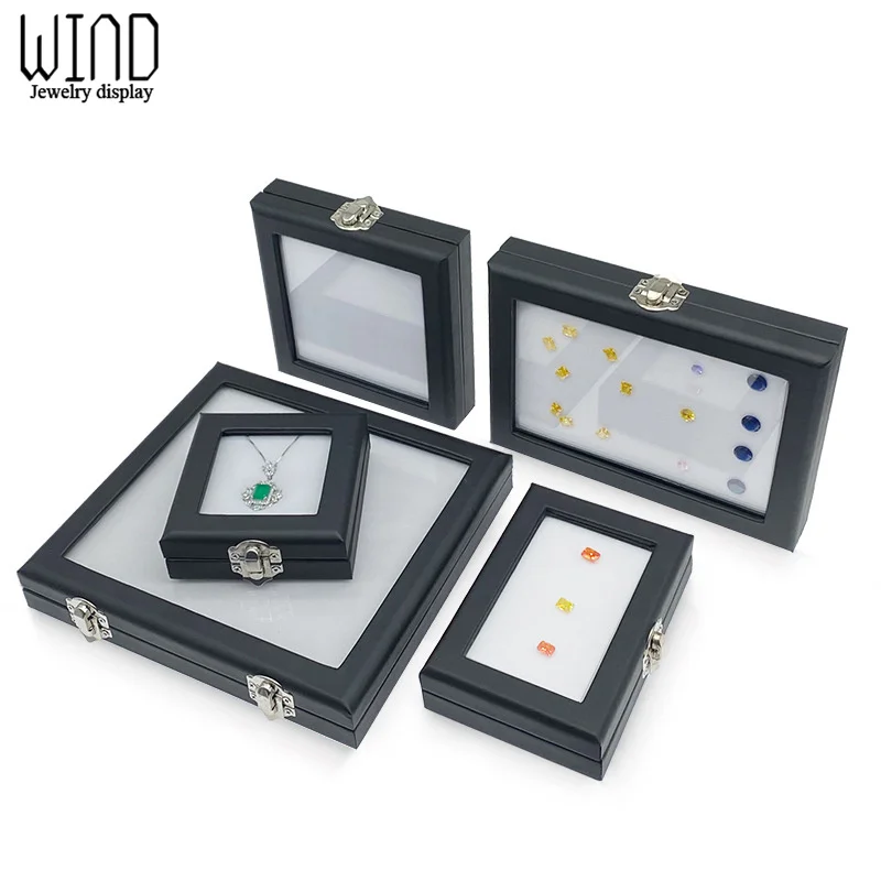 Jewelry Display Box Black Patent Leather Buckle Transparent Gem Box Diamond Ring Face Bare Stone Color Treasure Bare Diamond Box