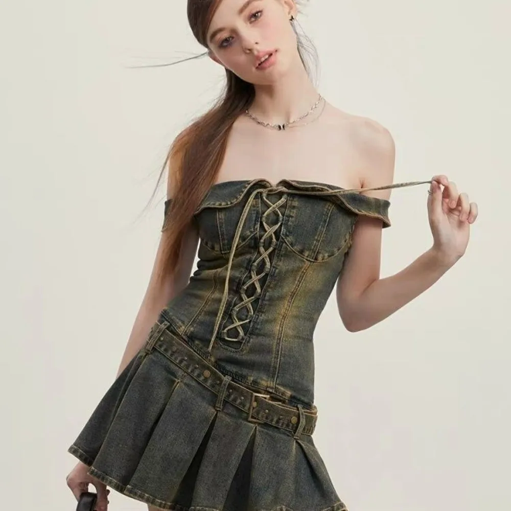 Mini vestido vaquero fruncido sin tirantes Vintage Cowgirl Core verano Petite cintura estética definiendo falda con volantes Y2K Revival Nostalgi