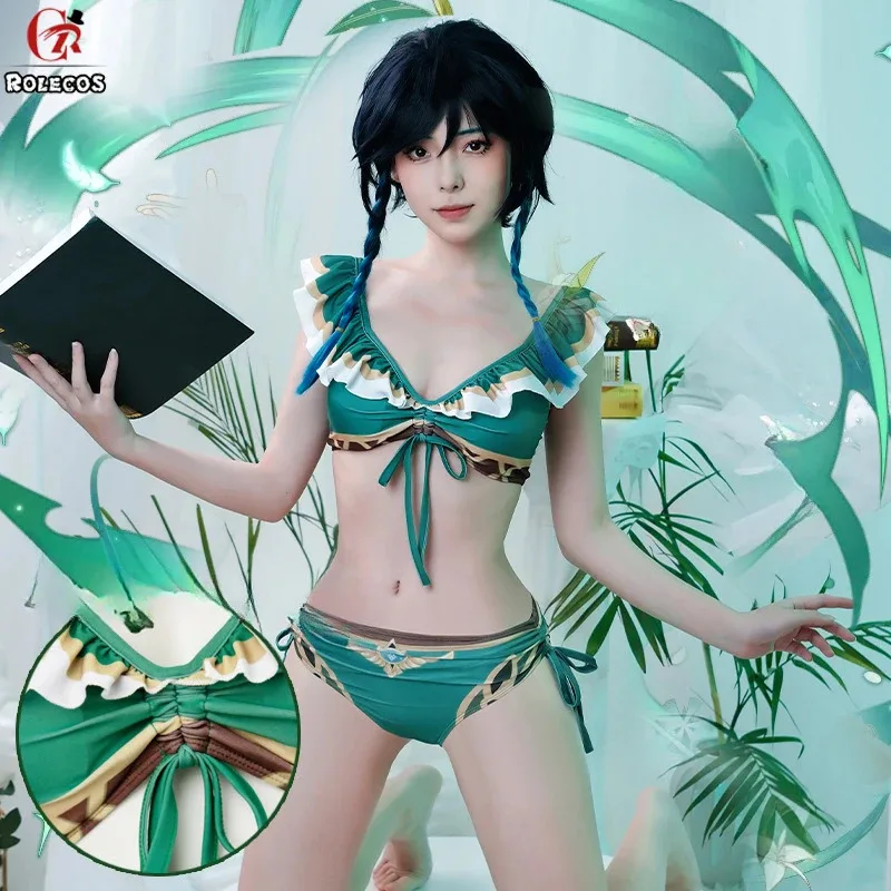 ชุดว่ายน้ำเวนดี้จากเกม Genshin Impact สีเขียวแบบแยกชิ้น ชุดว่ายน้ำเซ็กซี่สำหรับผู้หญิง ชุดคอสเพลย์ฮาโลวีน ชุดแฟนซีสำหรับเล่นบทบาทสมมติ;3,k8't,