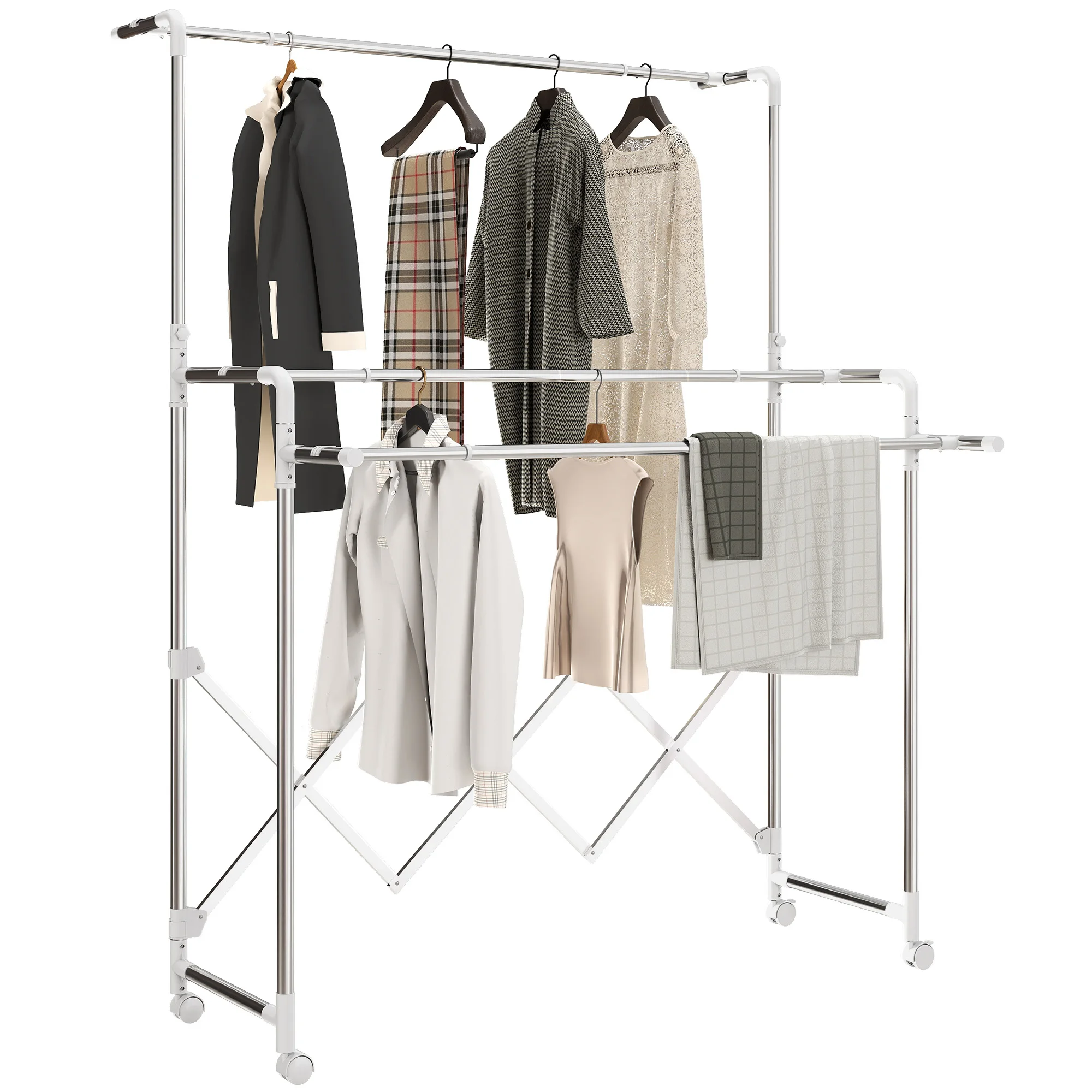 HOMCOM Tendedero Plegable de 3 Niveles Tendedero de Acero Inoxidable con 3 Barras Ajustables y Extensibles 4 Ruedas Plata