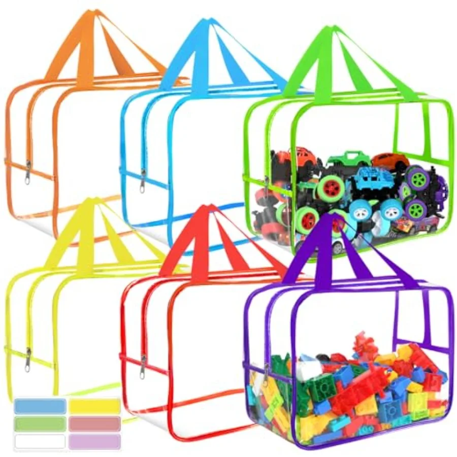 

6 Colors Widen X- Toy Storage Bags 12.6×9.25×6.9In with Labels Reusable Clear PVC Board Game Storage Travel Waterproof Organize