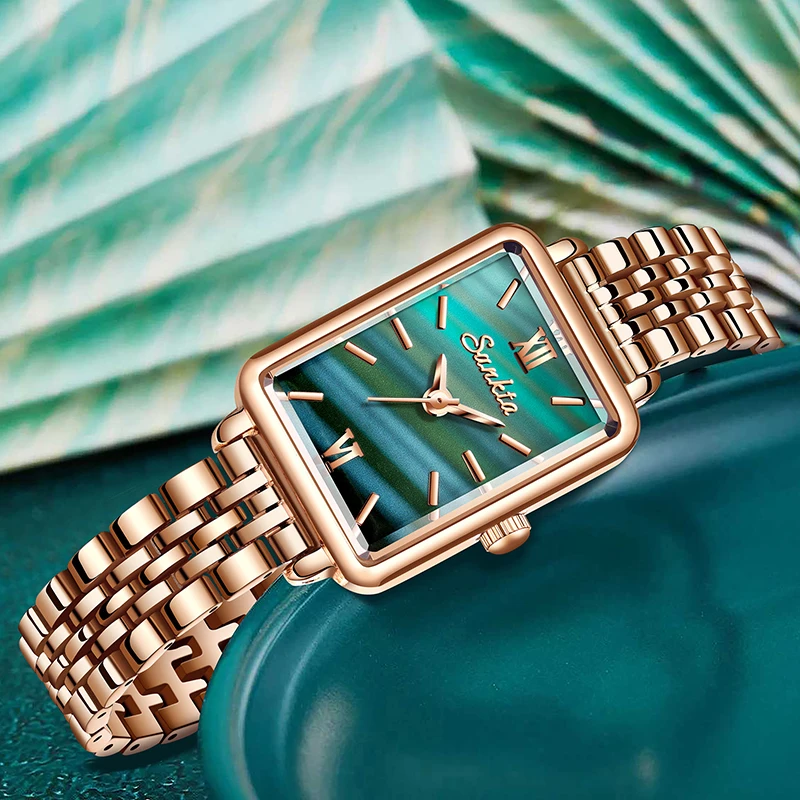SUNKTA New Fashion Square Rose Gold Stainless Steel Women's Quartz Wristwatches Simple Elegant Waterproof Bracelet Ladies Watch
