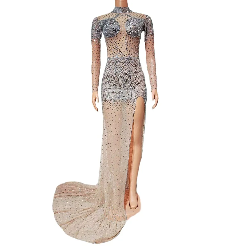 Luxury Rhinestone Glam High Split Dress Party Temperament High Transparent Dress Adult Model Catwalk Trendy Clothes Partykleider