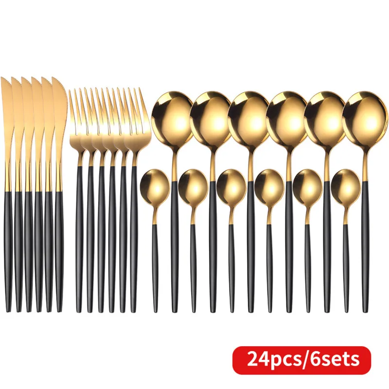 

24PCS Gold Dinnerware Set Dinner Knife Fork Spoon Tableware Set Stainless Steel Flatware Silverware Wedding Black Cutlery Set