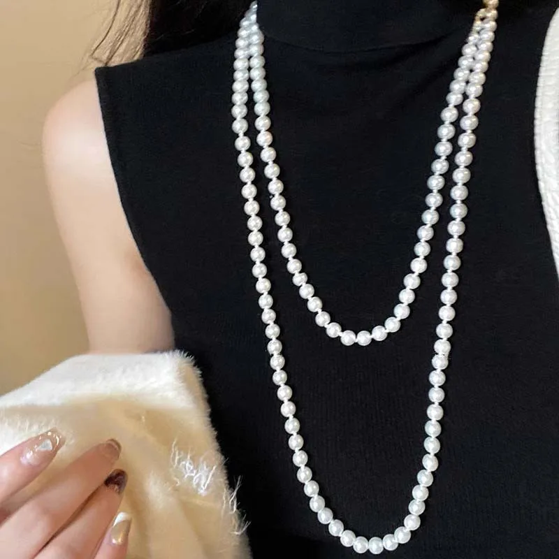 Fashion Imitation Pearl Long Necklaces for Women Exquisite Elegant Multilayer Sweater Chain Necklaces Party Jewelry Accessories