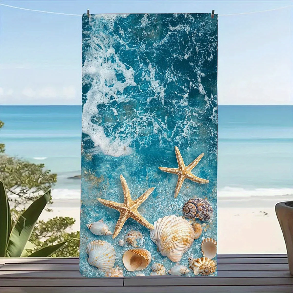 Seaside Starfish and Shells Beach Towel Patterned Sunscreen And Windproof Suitable For Swimming Pool Camping Travel Blanket
