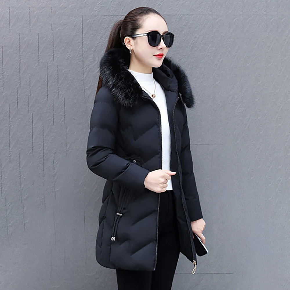 Loose Down  Women's Fashion Warm Long Winter Fur Collar High-end Leisure Slim Hooded Cotton-padded  Women's Tide