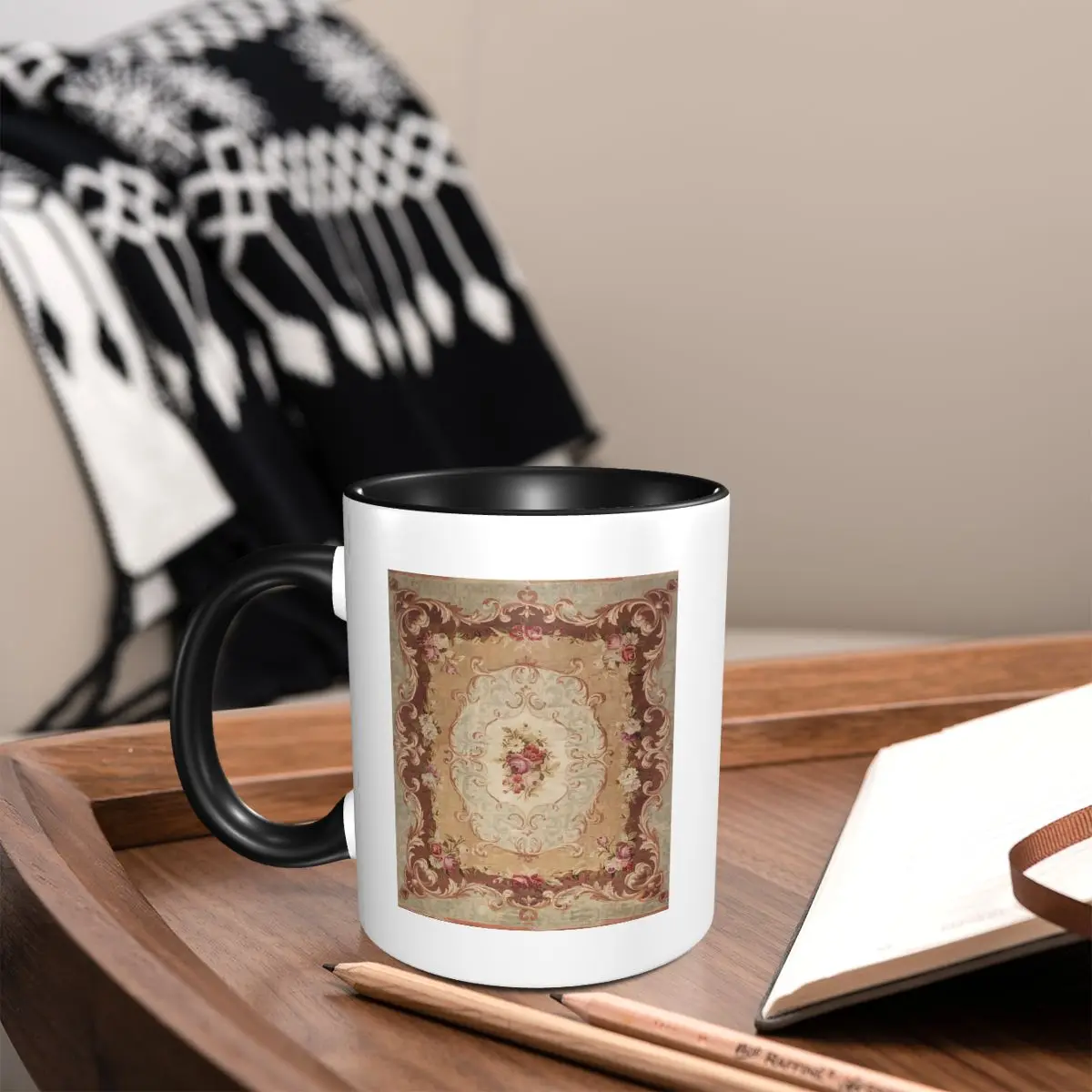 

Antique Rose Floral French Aubusson Rug Print Mug Funny Ceramic Coffee Cups Tea Mugs Milk Cup Drinkware Gift for Friends