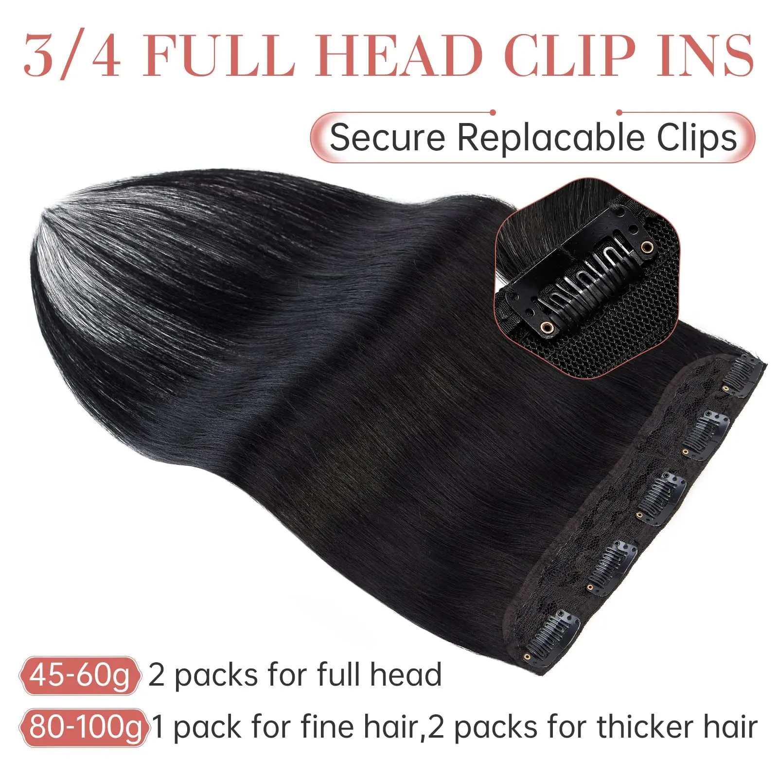 كليب في وصلات الشعر شعر بشري حقيقي 1 قطعة 26 بوصة ريمي وصلات شعر بشرية كليب ins 5 مقاطع 3/4 كامل الرأس # 1ب