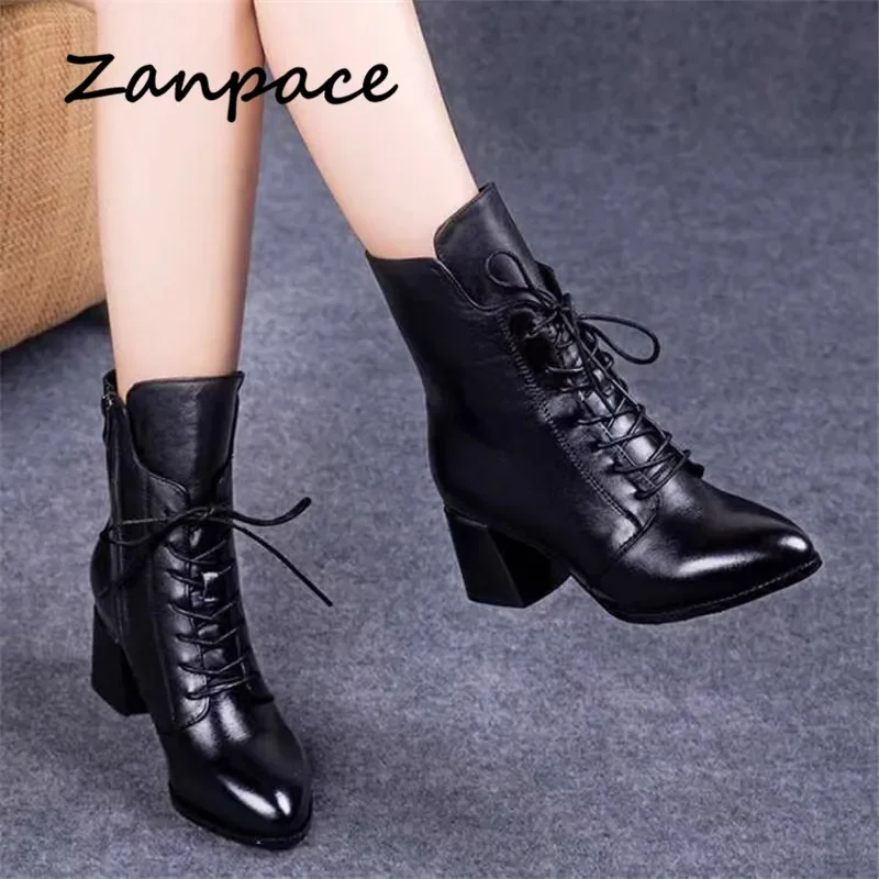 2021 New Leather Women Boots Thicked Velvet PU Women Shoes Women\'s High-heeled Cotton Keep Warm Winter Boots Zapatos De Mujer