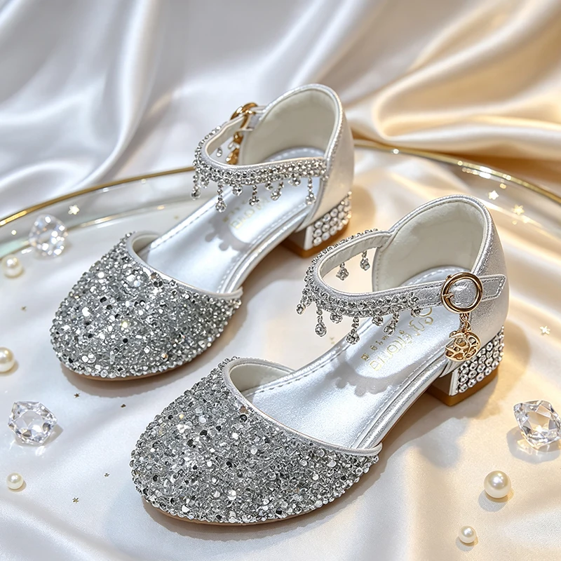 Shiny Sequin Crystal Girls Glitter Rhinestone Heels Princess Mary Jane Shoes Luxury Kids Bridesmaid  Graduation Ceremony Sandals