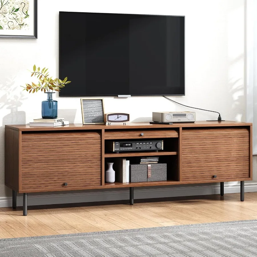 

68 Inch TV Stand for TVs up to 75 Inch Entertainment Center with Power Outlet Mid-Century Modern TV Console with Storage Adjust