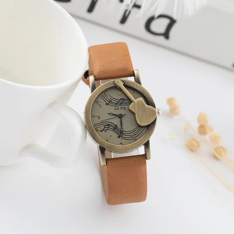 Vintage Punk Style Leather Strap Watch Women Fashion Casual Watches 3D Musical Note Sign Quartz Wristwatches Relojes Para Mujer