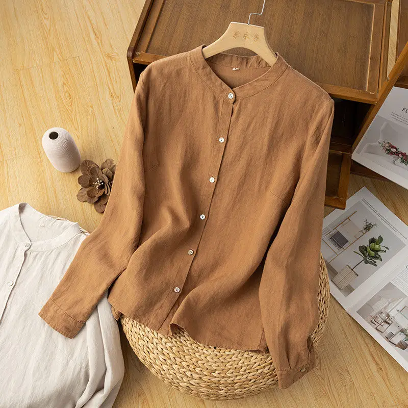 

Retro Artistic Loose Cotton Linen Long Sve Women's irt Casual Simple Spring Summer Pure Color Versatile Outerwear