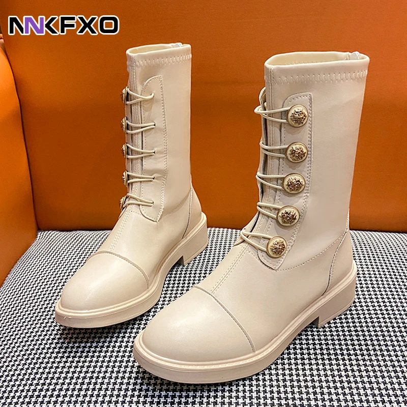 

Женские Универсальные ботинки до середины икры, классические черные, Бежевые ботинки с круглым носком и квадратным каблуком, ботинки из искусственной кожи в британском стиле QB230