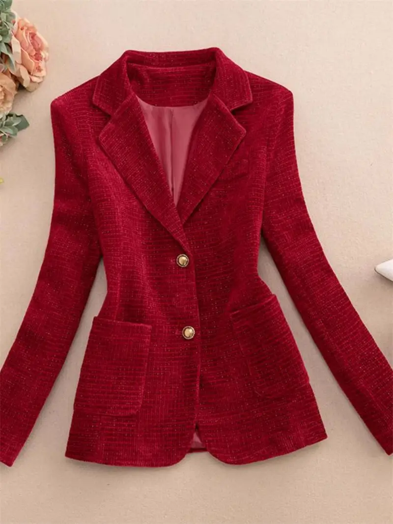 2025 Spring And Autumn High End Long Sleeved Casual Blazer Jacket Women Elegant Coat Large Size Slim fit Waist Red Suit Top A282