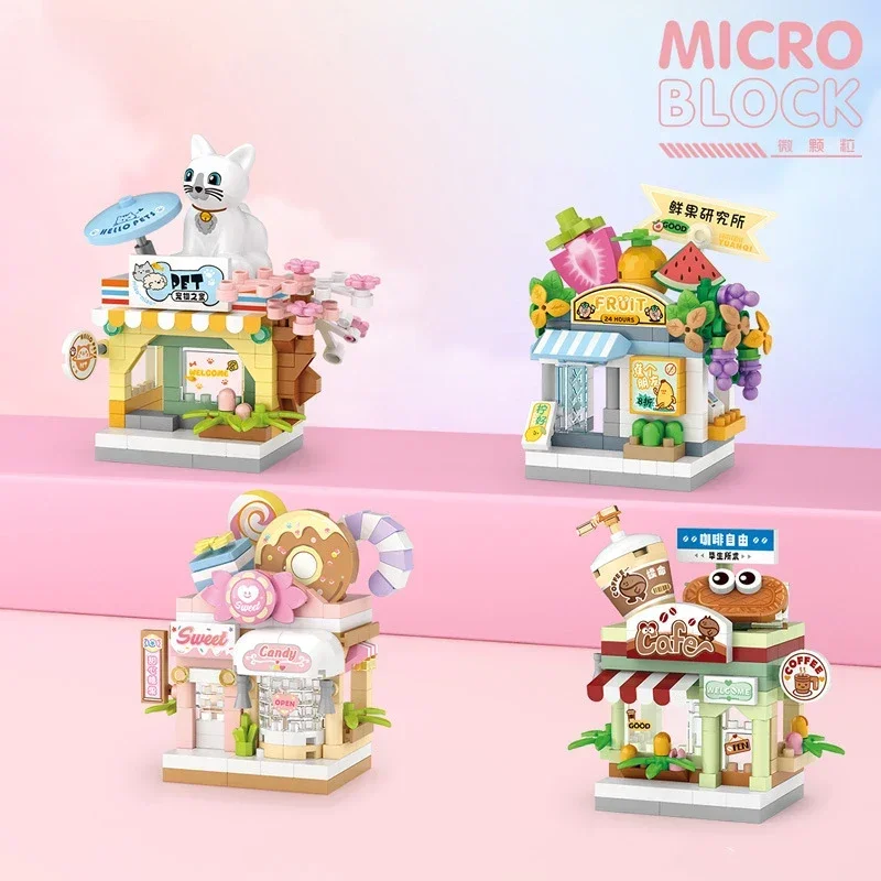Mini City Street View Micro-Bausteine – DIY Pet Shop, Café & Candy Store Puzzle, Kindergeschenk, Heimdekor-Spielzeugset