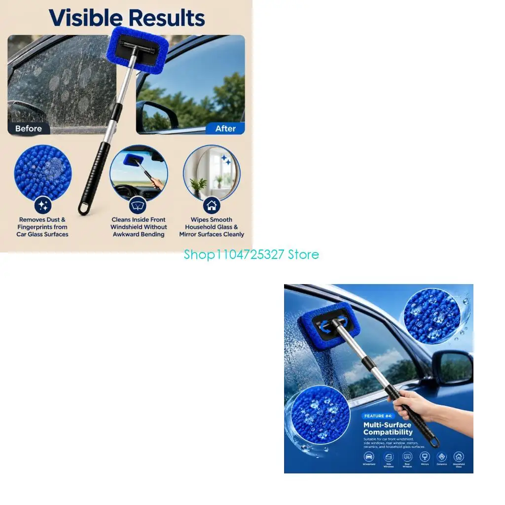 D8KF Telescoping Windshield Cleaning Brush with Aluminum Rod and Removable Microfiber Cloth for Lower Glass, Window Edges, and