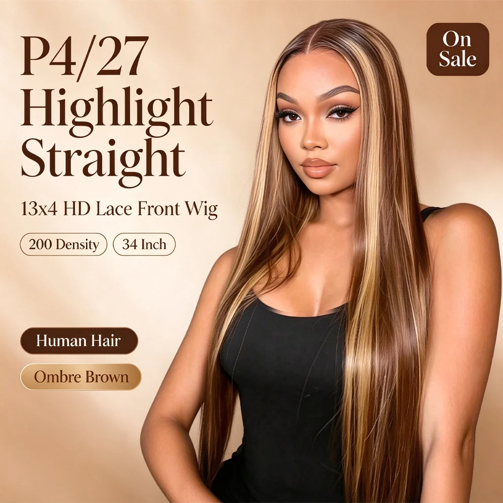 200 Density 34 Inch Straight Human Hair Wigs for Women On Sale P4/27 Highlight Ombre Brown Wig 13x4 HD Lace Front Human Hair Wigs