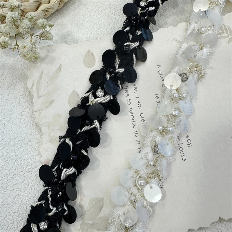 New Black and White Lace Heavy Work Nail Bead Sequin Pearl Lace Woven Tape DIY Clothing Hand Sewn Pocket Accessories Webbing