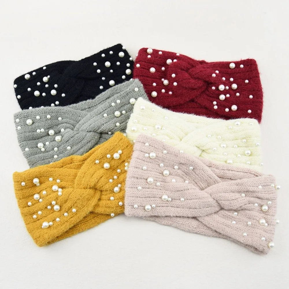 

Winter Spring Pearl Headband Ear Warmer Knitted Cross Headwrap Turban Wide Brim Headwear for Women Girl Fashion Hair Accessories
