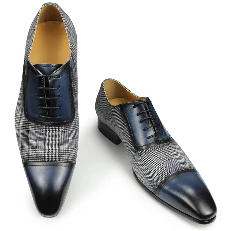 

Men's Oxford Dress Shoes Denim&Cow Leather Upper Pointed Toe Business Formal Shoes Lace-Up Classic Men Footwear Wedding,Office