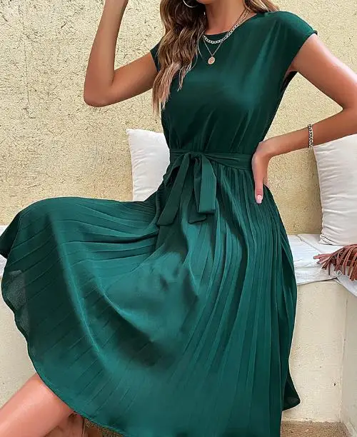 

Summer Temperament Women's Round Neck Waist Cinched Solid Color Pleated Skirt Elegant Waist Cinching Solid Color A-Line Dress