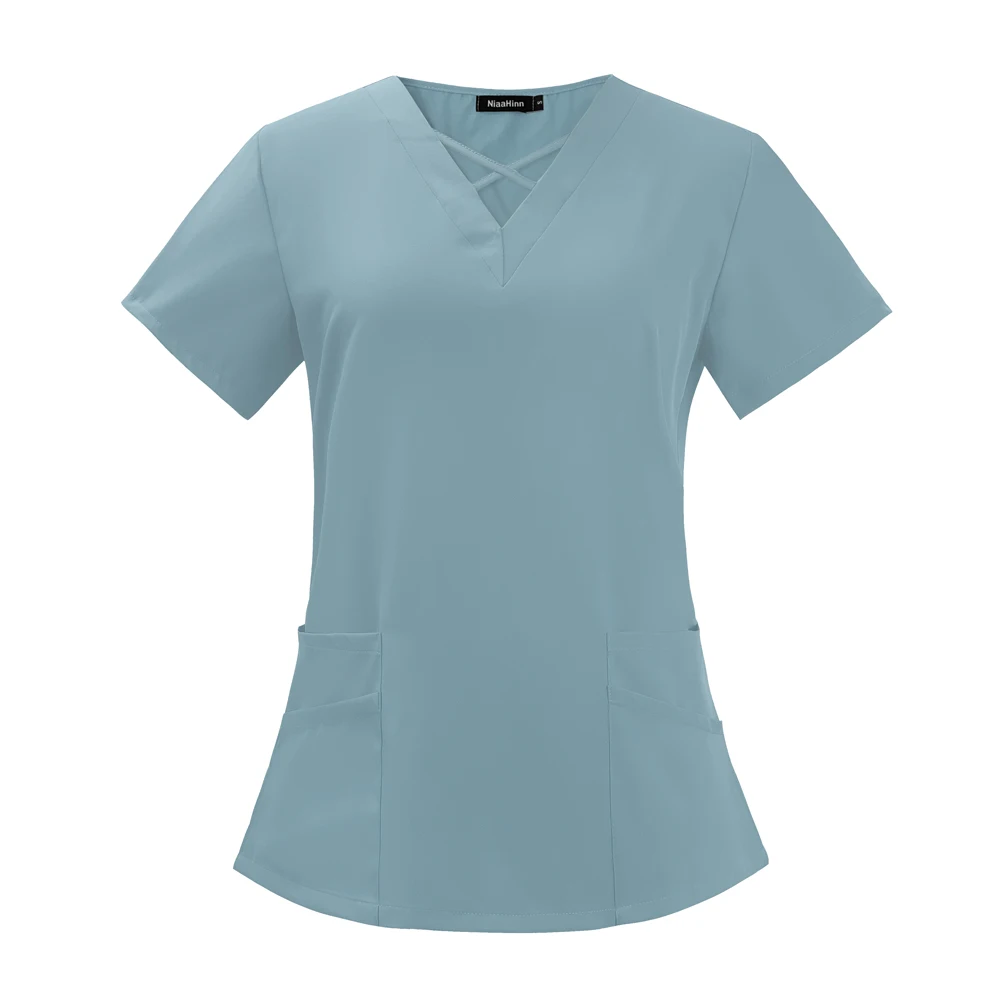 Fashion Healthcare Nurse Blouse Nurse Clothing T-Shirt V Neck Pocket Short Sleeve Summer Top Staff Uniform Clothing Beauty Salon