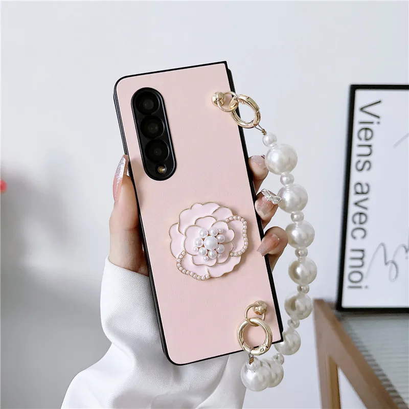 Z Fold4 Fashion Luxury DIY Flower Pearl Bracelet leather Case For Samsung Galaxy Z Fold 4 Case 5G For Galaxy Z Fold 3 Case Fold2