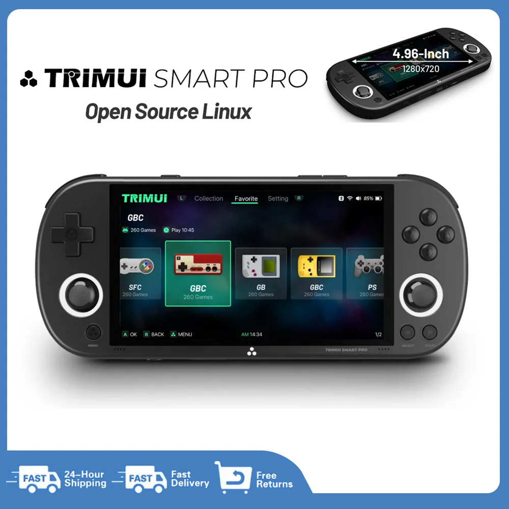 

Портативная игровая консоль Ampown Smart Pro, 4,96 дюйма, IPS экран, система Linux, джойстик, RGB подсветка, Trimui, ретро-консоль для видеоигр, подарок