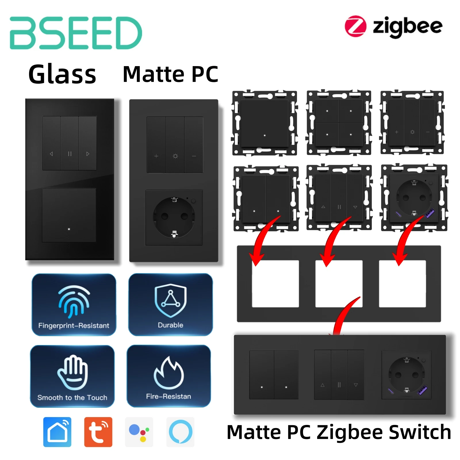 BSEED Zigbee 1/2/3/4Gang Smart Light Curtain Shutter Dimmer Switches Mechanical Buttons Sockets USBC DIY Parts Plastic Frames