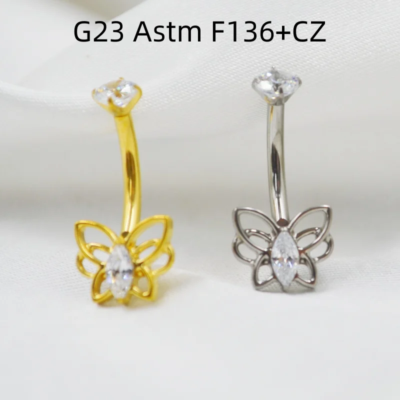 10PCS Body Jewelry-G23 Titanium F136 Butterfly Navel Belly Button Body Piercing 14G CZ Navel Curve Barbells Rings New