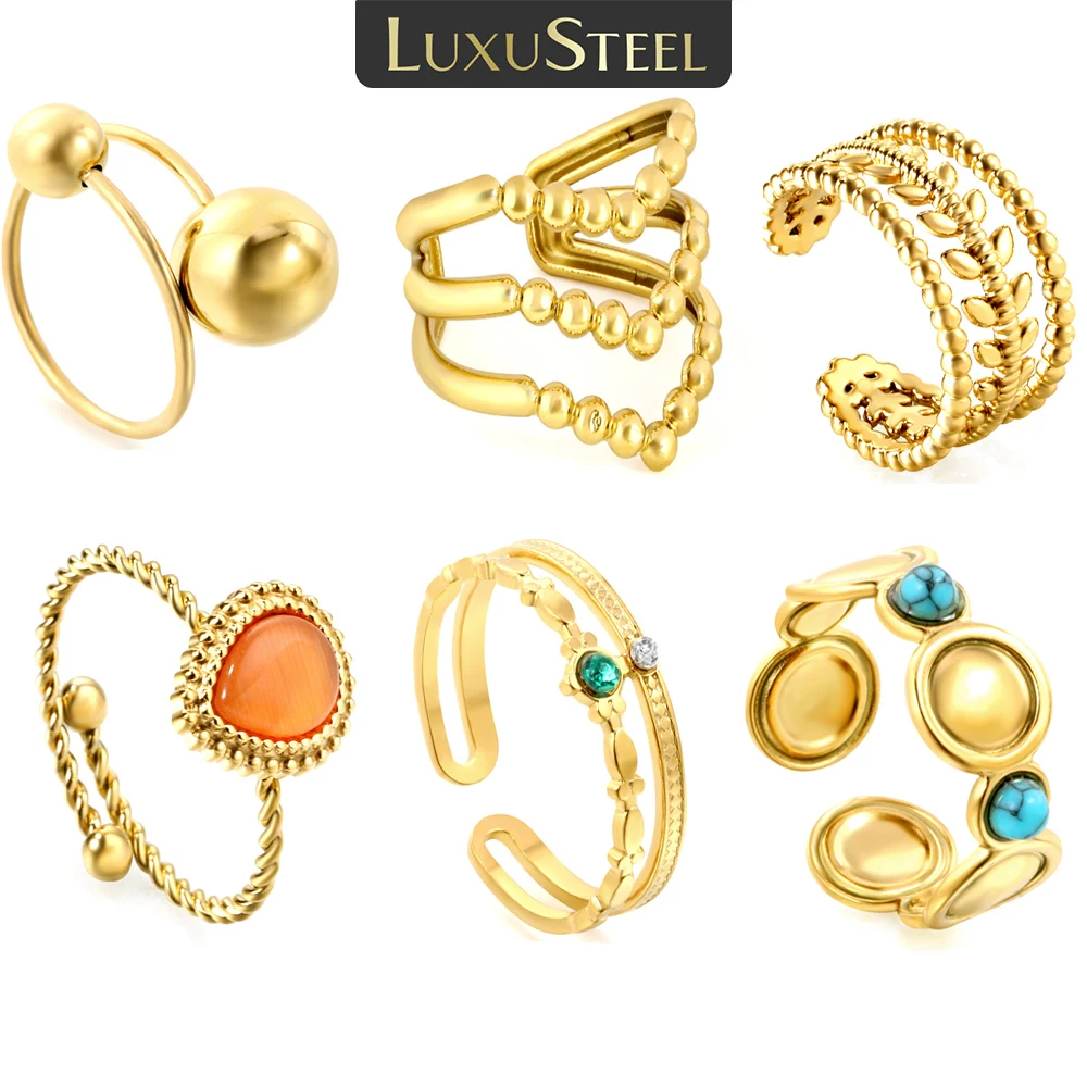 LUXUSTEEL Stainless Steel Open Cuff Rings For Women Golden Plated Round Ball Stone New Arrivals Ladies Fingers Rings Party