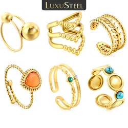 LUXUSTEEL Anelli a polsino aperti in acciaio inossidabile per le donne Pietra a sfera rotonda placcata in oro Nuovi arrivi Anelli per dita da donna Festa