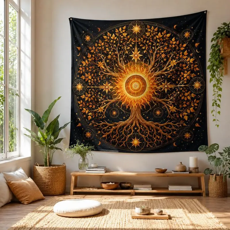 VIKAMA Blue Gold Tree Of Life Moon Wall Tapestry Celtic Nature Spiritual Mystic Ethnic Home Decor Touch Soft Durable Cozy Gift