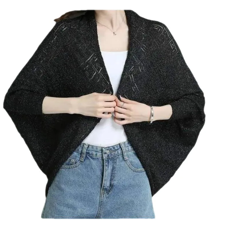 Spring Summer Blouses Wear Women Ice Silk Knitted Cardigan Sunproof  Hollow Shawl Poncho Lady Capes Knitting Blue Cloaks