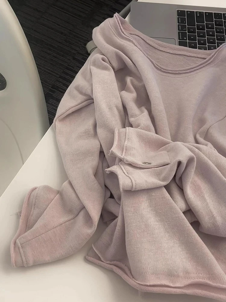 Pink Long Sleeve T-Shirt Women's Casual Style Cotton High Waist round Neck Button Detail Base Layer Top for Autumn Season