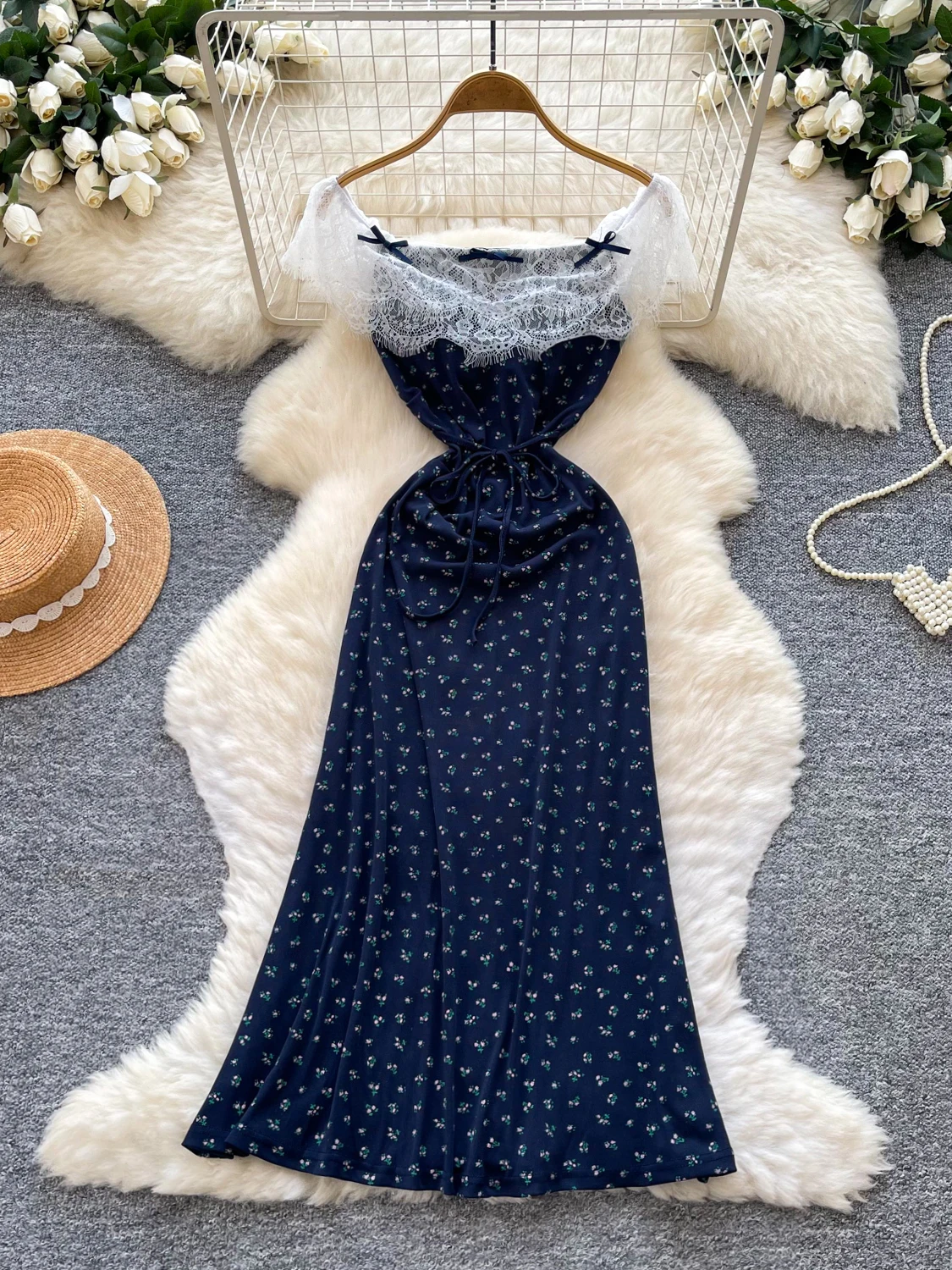 Floral Lace Splice One Shoulder A-Line Long Dress Slimming High Waist Holiday Dress Autumn Wear French Style Polyester Fiber