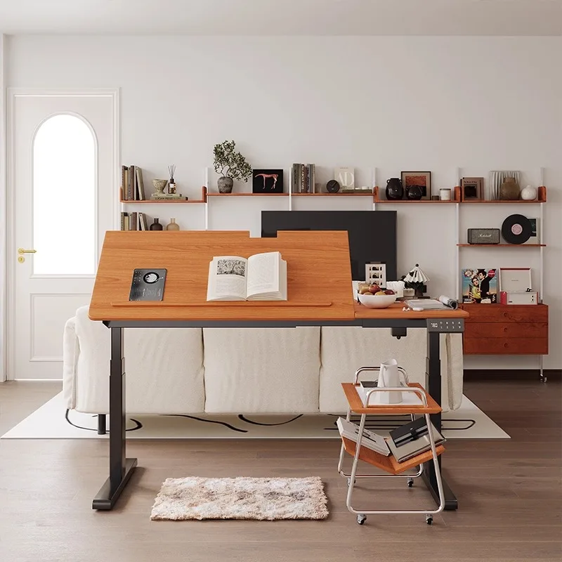 Electric lifting desk solid wood office computer desk, small apartment, tilting cherry wood lifting study desk calligraphy table