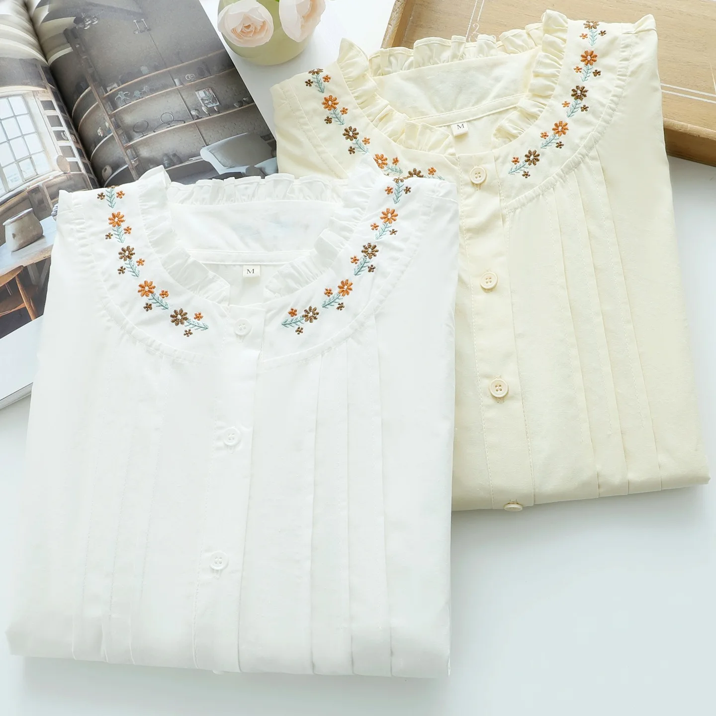 

Высококачественная женская блузка из 100% хлопка, рубашка Mori с литературным воротником и длинными рукавами, маленькие женские блузки с вышивкой свежих цветов