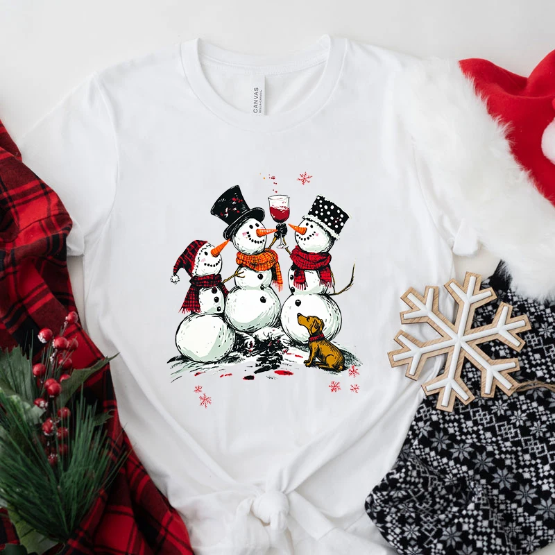 

New Christmas Snowman Printed T-Shirts Women Men Short Sleeve Funny Round Neck Tee Shirt Casual Summer Tops