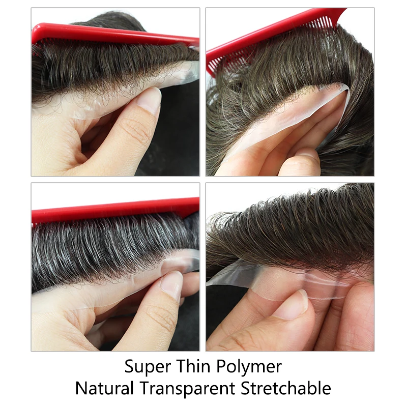 Vloop Front PU Herrenperücken 5-6mm Dünne Haut Herren-Toupet mit Knoten Indisches Echthaar Perücken Haarersatz Natürlicher Topper – Detail 7