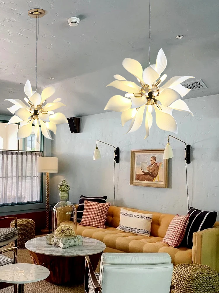 Country Style Daisy Petal Porcelain Flower LED Hanging Chandelier with Dimmable Light for Cottage Farmhouse Home and Dining Room