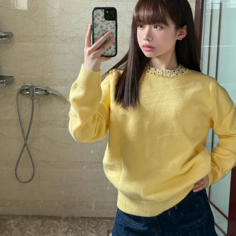 Hot Diamond Elegant Knitted Sweaters Long Sleeve Yellow Soft Pullover O-neck Korean Casual Knitwear Overszied Sweaters For Women