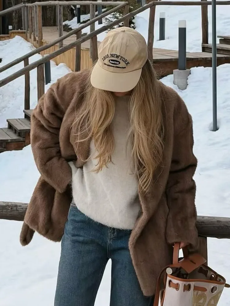 DFDG 2025 冬 レディース リラックスフィット エコファーコート Vネック タイベルト シアリングジャケット ノンパフィー 高級デザイナーアウターコート