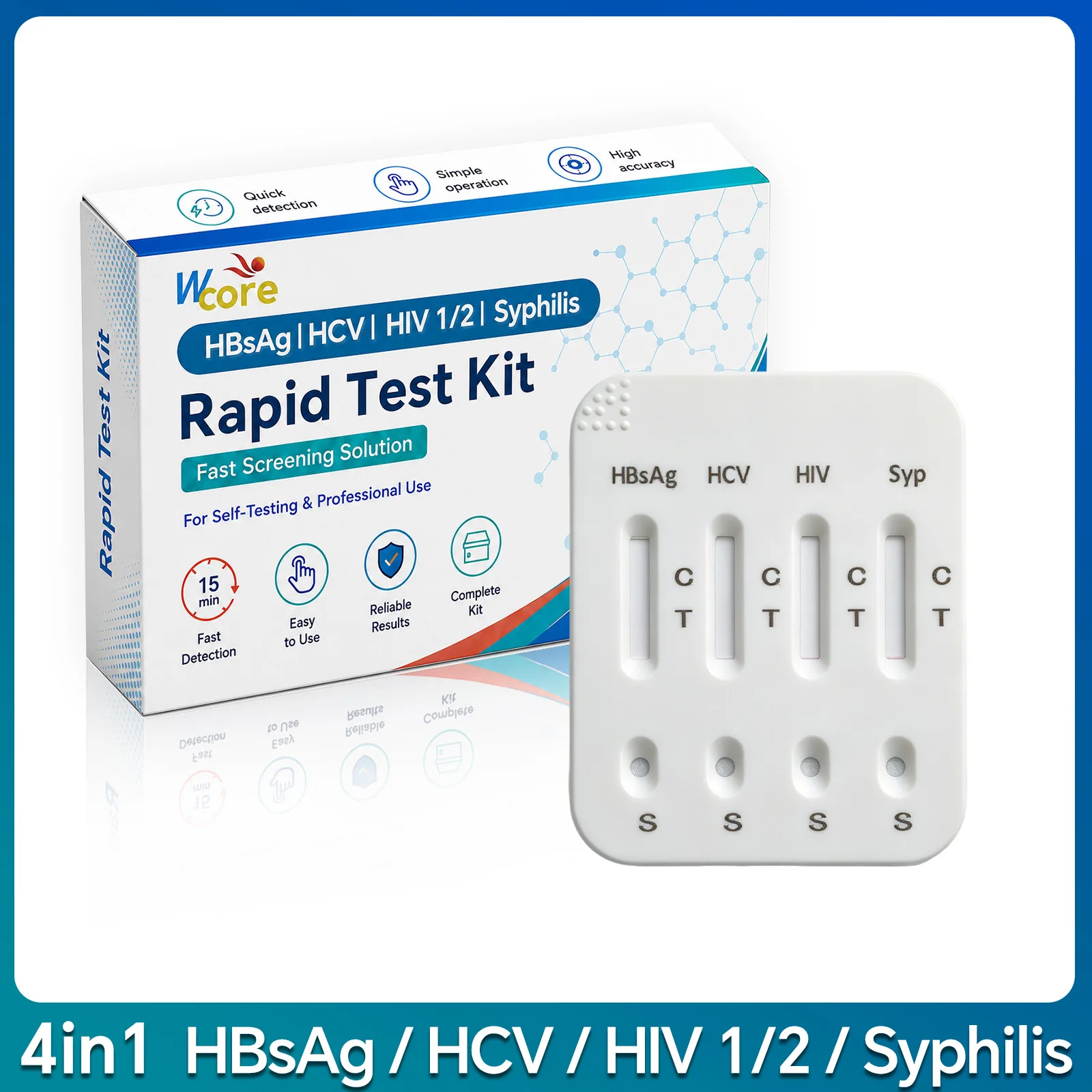 4-in-1 Infectious Disease Screening Test Kit, HBsAg HCV HIV 1/2 Syphilis Combo Rapid Test Cassette Antibody Diagnostic Reagent