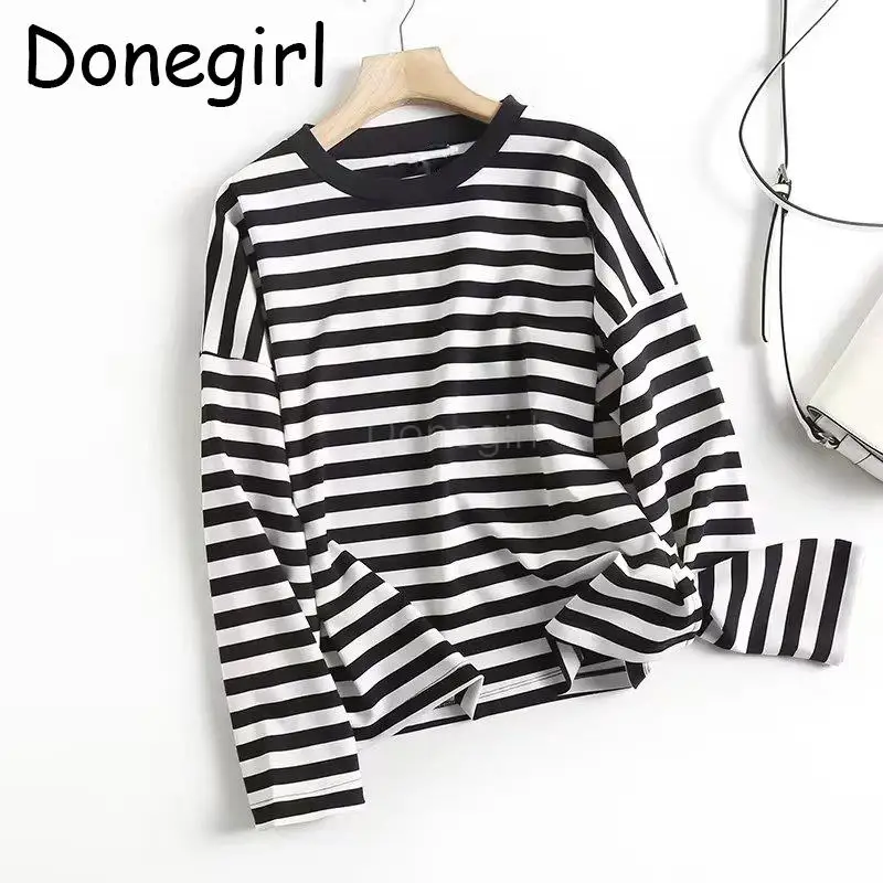 

Donegirl 2023New Fashion Spring Autumn Round Neck Striped Printed Women Knitted T-shirt Versatile Commute Loose Tops Female Chic